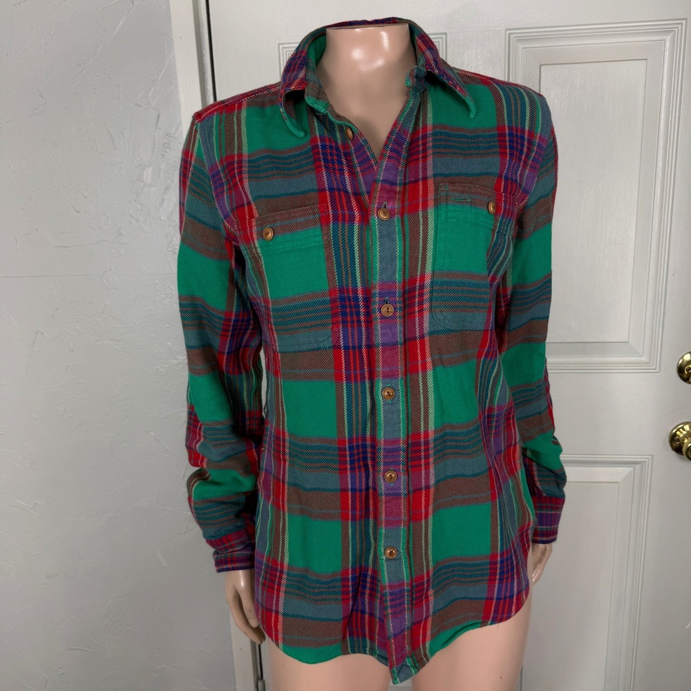 Ralph Lauren Women's Shirt 10 Cotton Flannel Plaid Long Sleeve Button Up HH19